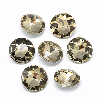Pointed Back Glass Rhinestone Cabochons, Back Plated, Faceted, Flat Round, Dark Khaki, 12x4.8mm
