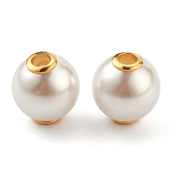 Plastic Imitation Pearl Beads, with Golden Plated 304 Stainless Steel Cores, Round, White, 12x13mm, Hole: 3.5mm