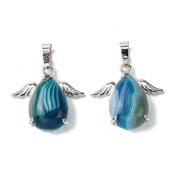 Dyed Natural Blue Banded Agate Pendants, Teardrop Charms with Rack Plating Platinum Plated Brass Wings, Cadmium Free & Lead Free, Cadmium Free & Lead Free, 22~22.5x24.5x8~9mm, Hole: 7x5mm