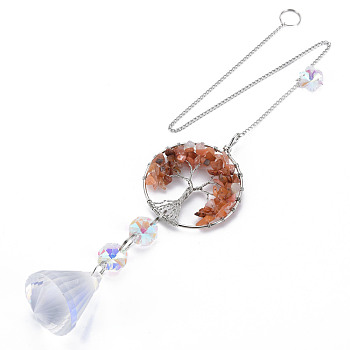 Natural Red Agate Big Pendants, with Platinum Brass Chain Extender and Findings, Plating Glass Teardrop & Flower, Clear AB Color, Flat Round with Tree of Life, 140mm, Hole: 3.5x5.5mm
