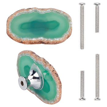 Natural Dyed Agate Drawer Knobs, Anomaly Shaped Drawer Pulls Handle, with Alloy Pedestal, Iron Screws, for Home, Cabinet, Cupboard and Dresser, Platinum, Sea Green, 51.5~61.5x32~37x18~19mm, Hole: 4.2mm, Screws: 6x42mm, Pin: 4mm, 6x27mm, Pin: 4mm