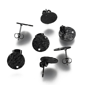 304 Stainless Steel Stud Earring Findings, with Ear Nuts/Earring Backs & Loop, Textured, Flat Round , Electrophoresis Black, 12mm, Hole: 1.4mm, Pin: 0.8mm