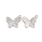 Brass Micro Pave Clear Cubic Zirconia Pendants, Butterfly Charms, Rack Plating, Long-Lasting Plated, Lead Free & Cadmium Free, Platinum, 15.5x13x2.5mm, Hole: 1.1mm(CU-CBAFB7D-02P)