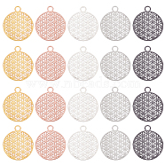 20Pcs 5 Colors Brass Pendants, Filigree Pendants, Flat Round, Mixed Color, 23.5x20x0.6mm, Hole: 3mm, 4pcs/color(KK-HY0001-47)