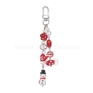 Christmas Handmade Lampwork Beaded Pendant Decorations, with Natural Quartz Crystal and Round Shell Pearl Beads, Alloy Swivel Clasps, Snowman/Candy, FireBrick, 130mm(HJEW-TA00022)