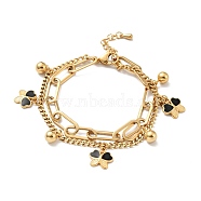 Resin Butterfly and Round Ball Charm Multi-strand Bracelet, Vacuum Plating 304 Stainless Steel Double Layered Chains Bracelet for Women, Golden, 7-1/2 inch(19m)(BJEW-G639-30G)