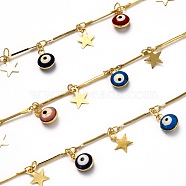 Brass Bar Link Chains, with Enamel Charms, Spool, Long-Lasting Plated, Soldered, Star & Evil Eye, Golden, Links: 14.5x1.6x0.8mm, Charms: 9x6.5x4.5mm and 8x7.1x0.2mm(CHC-L039-33G)