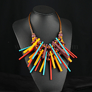 Bohemian Style Wood Beaded Multilayer Rectangle Tassel Necklaces for Women, Colorful, 14.17 inch(36cm)(WG93846-06)