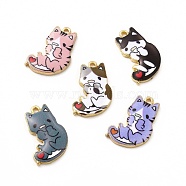 Rack Plating Alloy Pendants, Printed, Lead Free & Cadmium Free & Nickel Free, Cat Charm, Light Gold, Mixed Color, 21x14x2.5mm, Hole: 1.8mm(FIND-H043-06LG)