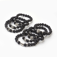 Bracelets Sets, Natural Lava Rock Beads Stretch Bracelets, with Alloy Findings, Round and Mixed Shape, Burlap Packing, Antique Silver, 2-1/8 inch(5.3cm), Bag: 12x8.5x3cm, 7pcs/set(BJEW-JB03850)
