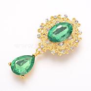 Alloy Flat Back Cabochons, with Acrylic Rhinestones, Oval and Teardrop, Golden, Faceted, Green, 56x28x6mm, Pendant: 23x14x6mm(RB-S063-A04)