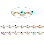 Handmade Enamel Link Chains, with 304 Stainless Steel Findings, Soldered, Flat Round with Eye, Golden, Turquoise, Flat Round Link: about 11x6.1x4.2mm(STAS-I154-02G)