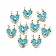 Alloy Enamel Charms, Cadmium Free & Lead Free, Heart with Initial Letters, Light Gold, Deep Sky Blue, Letter.E, 14.5x11.5x4.5mm, Hole: 2mm(ENAM-T012-02E-RS)
