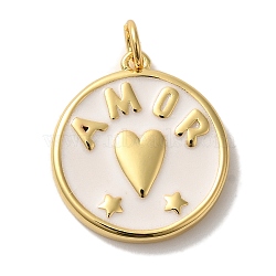 Brass Enamel Pendants, with Jump Ring, Real 18K Gold Plated, Cadmium Free & Lead Free, Flat Round with Heart & Word Amor Charm, White, 20.5x18x2.5mm, Hole: 3mm(KK-U027-17G-01)