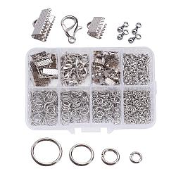 1Box Jewelry Findings 20PCS Alloy Lobster Claw Clasps, 45PCS Iron Ribbon Ends, 40g Brass Jump Rings, 10g Alloy Teardrop End Pieces, Nickel Free, Platinum, Lobster Clasps: 14x8mm, Hole: 1.8mm, Ribbon Ends: 8~13x6~7x5mm, Hole: 2mm, Jump Rings: 4~10mm, End Piece: 7x2.5mm, Hole: 1.5mm(FIND-X0001-NF-B)