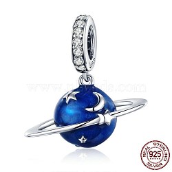 925 Sterling Silver Rhinestone European Dangle Charms, Large Hole Pendants, Round with Planet, Blue, Platinum(CPDL-BB70867-A)