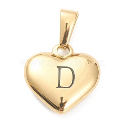 304 Stainless Steel Pendants, Heart with Black Letter, Golden, Letter.D, 16x16x4.5mm, Hole: 7x3mm(STAS-P278-01D-G)