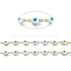 Handmade Enamel Link Chains, with 304 Stainless Steel Findings, Soldered, Flat Round with Eye, Golden, Turquoise, Flat Round Link: about 11x6.1x4.2mm(STAS-I154-02G)