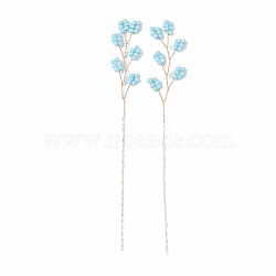 Seed Beads and Brass Wire Wrapped Decoration, Artificial Flower Arrangement Design, For Bonsai Arts Home Display Decoration, Golden, Light Sky Blue, 105~109x29~38x13~23mm(X-FIND-S306-25C)
