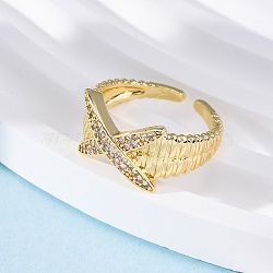 Brass Micro Pave Clear Cubic Zirconia Cuff Rings for Women, Cross, Rack Plating, Cadmium Free & Lead Free, Lasting Plated, Real 18K Gold Plated, US Size 6(16.5mm)(RJEW-U043-08G)