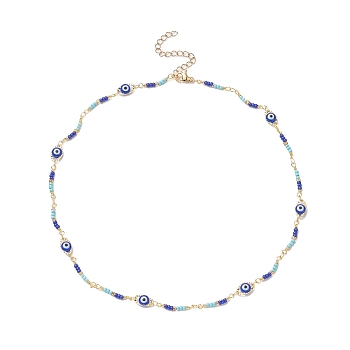 Brass Evil Eye & Glass Beaded Chain Necklace, Colorful, 15.75 inch(40cm)
