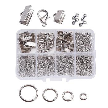 1Box Jewelry Findings 20PCS Alloy Lobster Claw Clasps, 45PCS Iron Ribbon Ends, 40g Brass Jump Rings, 10g Alloy Teardrop End Pieces, Nickel Free, Platinum, Lobster Clasps: 14x8mm, Hole: 1.8mm, Ribbon Ends: 8~13x6~7x5mm, Hole: 2mm, Jump Rings: 4~10mm, End Piece: 7x2.5mm, Hole: 1.5mm