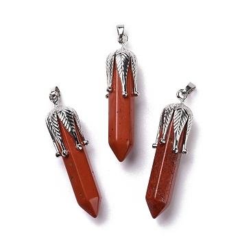 Natural Red Jasper Big Pendants, with Platinum Tone Brass Findings, Cadmium Free & Lead Free, Bullet with Leaf, 53.5~57x14~15x14~15mm, Hole: 7x4mm