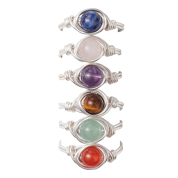 Round Natural Amethyst/Green Aventurine/Carnelian/Rose Quartz/Tiger Eye/Lapis Lazuli Braided Finger Ring, Copper Wire Wrap Jewelry for Women, 8mm, Inner Diameter: 18mm