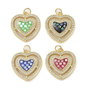 Brass Micro Pave Clear Cubic Zirconia Pendants, with Enamel and Shell & Jump Ring, Real 18K Gold Plated, Heart Charm, Mixed Color, 20x18.5x4mm, Hole: 2.8mm