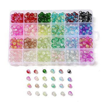 480Pcs 24 Colors Transparent Crackle Glass Beads Strand, Two Tone, Round, Mixed Color, 8x7.5mm, Hole: 1.5~1.6mm, 20Pcs/color