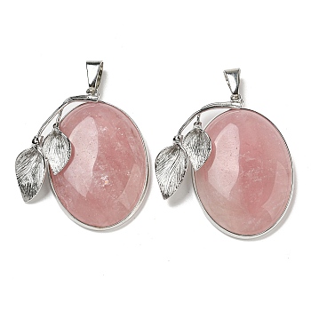 Natural Rose Quartz Pendants, Platinum Plated Alloy Oval Charms with Leaf, 45x31x12.5mm, Hole: 10x5mm