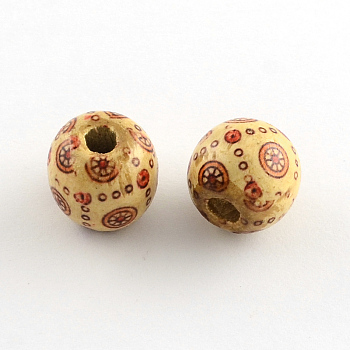 Round Printed Natural Maple Wood Beads, Macrame Beads Large Hole, Wheat, 16x15mm, Hole: 5mm, about 830pcs/1000g