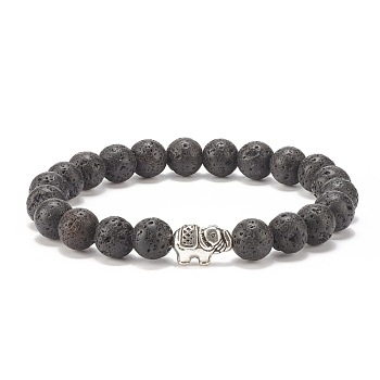 Natural Lava Rock Stretch Bracelet with Alloy Elephant, Essential Oil Gemstone Jewelry for Women, Inner Diameter: 2-1/8 inch(5.5cm)