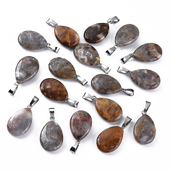 Teardrop Dyed Natural Crazy Agate Obsidian Pendants, with Platinum Tone Brass Findings, 25~29x16~17x5~6mm, Hole: 2x7mm