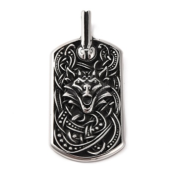 316 Surgical Stainless Steel Big Pendants, Rectangle Charms, Antique Silver, Wolf, 62.5x28.5x4.5mm, Hole: 7x4.5mm