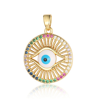 Brass Micro Pave Cubic Zirconia Pendants, Evil Eye Charms, Real 18K Gold Plated, 22x19x5.7mm