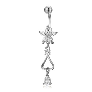 Piercing Jewelry, Brass Cubic Zirciona Navel Ring, Belly Rings, with 304 Stainless Steel Bar, Lead Free & Cadmium Free, Heart and Flower, Clear, 48mm, Pendant: 24x12mm, Bar: 15 Gauge(1.5mm), Bar Length: 3/8"(10mm)