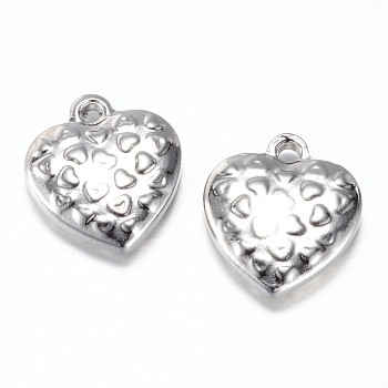 201 Stainless Steel Charms, Puffed Heart, Stainless Steel Color, 13.2x12x3mm, Hole: 1.3mm