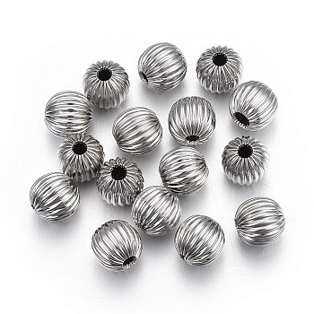 304 Stainless Steel Corrugated Beads, Round, Stainless Steel Color, 6mm, Hole: 1.6mm