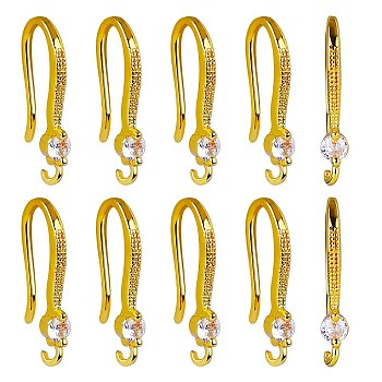 10 Pair Brass Micro Pave Clear Cubic Zirconia Earring Hooks, Ear Wire, with Loops, Circle, Real 18K Gold Plated, 18.5mm, Hole: 1.2mm, Pin: 0.9mm
