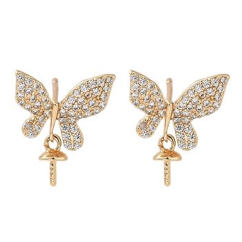 Rack Plating Brass Micro Pave Cubic Zirconia Studs Earring Findings, Long-Lasting Plated, Lead Free & Cadmium Free, Butterfly, Real 18K Gold Plated, 15.5x12.5mm, Pin: 0.8x11mm and 0.5mm