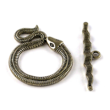 Tibetan Style Snake Toggle Clasps, Cadmium Free & Nickel Free & Lead Free, Antique Bronze, Snake: 46x36x3mm, Hole: 4mm, Bar: 51x10x3mm, Hole: 3mm, about 93sets/1000g