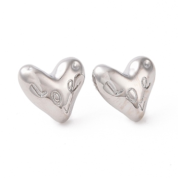 Brass Heart Stud Earrings for Women, Real Platinum Plated, 16x17mm, Pin: 0.7mm