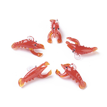 Handmade Lampwork Pendants, Lobster, Red, 32~34x14~18x15~17mm, Hole: 2~4mm, 4pcs