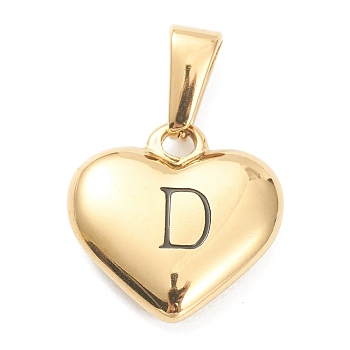 304 Stainless Steel Pendants, Heart with Black Letter, Golden, Letter.D, 16x16x4.5mm, Hole: 7x3mm