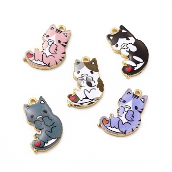 Rack Plating Alloy Pendants, Printed, Lead Free & Cadmium Free & Nickel Free, Cat Charm, Light Gold, Mixed Color, 21x14x2.5mm, Hole: 1.8mm