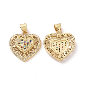 Brass Cubic Zirconia Pendants, Hollow Heart Charm, Real 18K Gold Plated, 19x18x3.5mm, Hole: 3.5x5mm