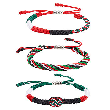 3Pcs 3 Styles Palestinian Flag Colour Nylon Cord Braided Bracelets for Men Women, Mixed Color, Inner Diameter: 2~3-1/2 inch(5~9.05cm), 1pc/style