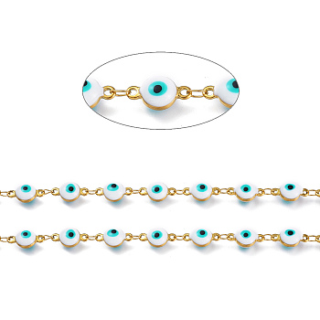 Handmade Enamel Link Chains, with 304 Stainless Steel Findings, Soldered, Flat Round with Eye, Golden, Turquoise, Flat Round Link: about 11x6.1x4.2mm