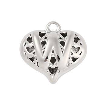 Hollow Brass Pendants for Valentine's Day, Heart with Letter, Real Platinum Plated, Letter W, 25x26x13mm, Hole: 2.5mm